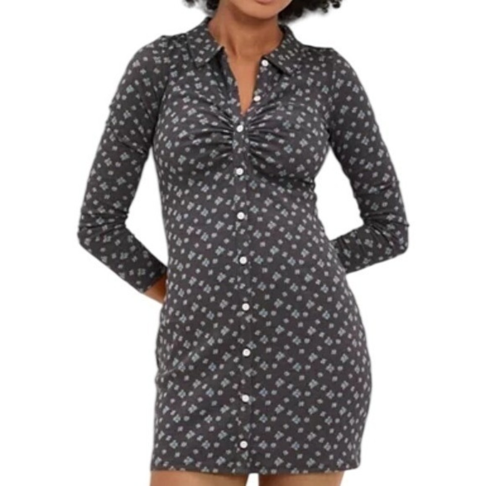 American Eagle Womens XS Floral Ribbed Button Front Long Sleeve Mini Dress Gray‎